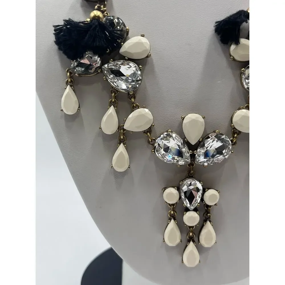 J. Crew Crystal Clear Milky White Gems Black Fringe‎ Adjustable Tie Necklace